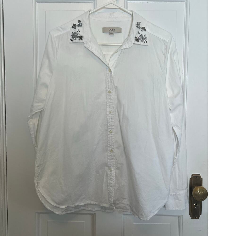 Loft Embellished Jeweled Collar White Button Down Shirt Career Preppy Women's M